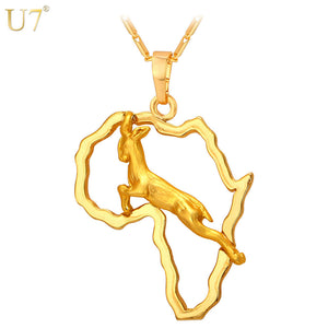 U7 New Hot Selling Antelop Jewelry African Map Pendants For Men Wholesale Yellow Gold Color Animal Necklaces Bijoux Femme P920