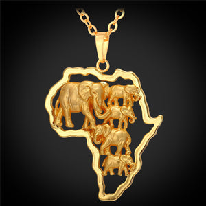 U7 Gold Color Africa Elephant Necklace For Men/Women Fashion African Map Pendant & Chain Hiphop Animal Jewelry Party P773