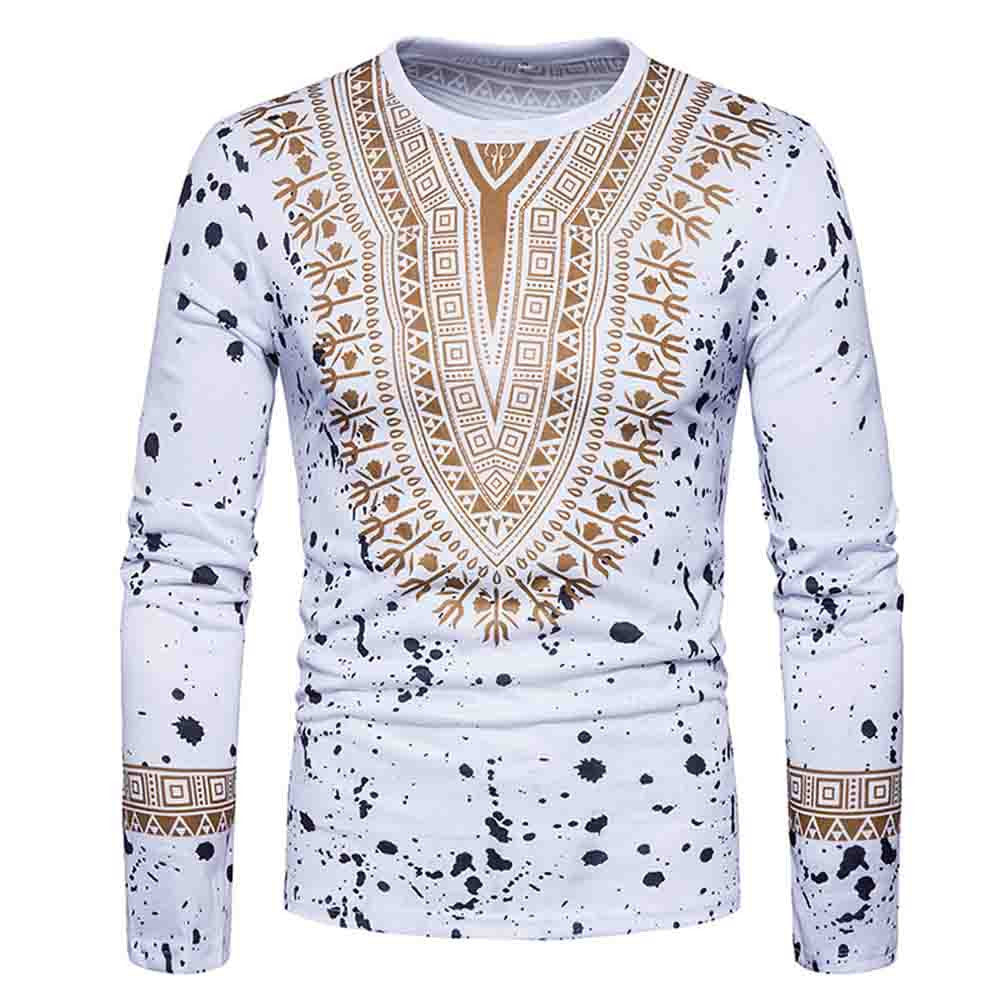 Men's Casual African Print O Neck Pullover Long Sleeved T-shirt Top Blouse