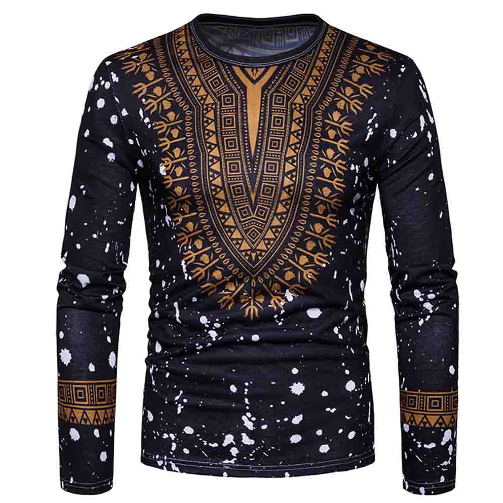 Men's Casual African Print O Neck Pullover Long Sleeved T-shirt Top Blouse