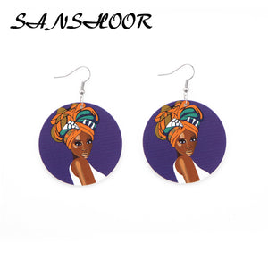 SANSHOOR Unique ColorFro African Headwrap Wooden Earrings Round Afrocentric Women Jewelry For Gifts 6cm Diameter Size 2Pairs