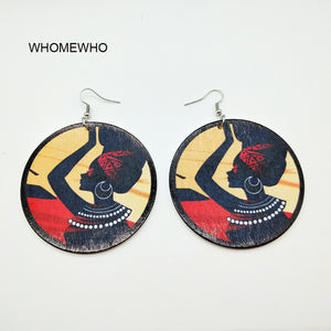 Unfinished Wood Printing Africa Girl Round Drop Earrings Wooden African Hiphop Tribal Handmade DIY Jewelry Natural Accessories