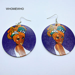 Tribal Unfinished Wood Colorful Printing Africa Women Round Drop Earring Handmade Wooden African Hiphop Ethnic Silver Jewelry