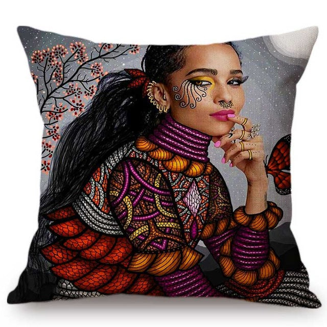 Colorful African Queen Girl Face Art Painting Decorative Sofa Throw Pillow Case Cotton Linen Exotic Ethnic Style Cushion Cover